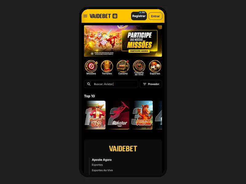 Site da Vai de Bet no celular: menu, banner de missões e atalhos de cassino e esportes