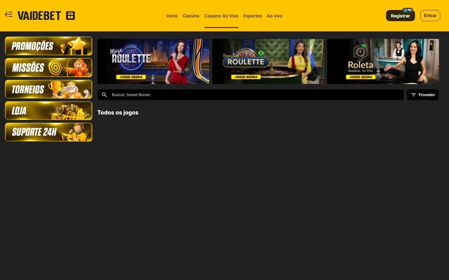 Tela de Cassino ao Vivo da Vai de Bet: banners Mega Roulette, Brazilian Roulette e Roleta Brasileira Ao Vivo, cada um com uma dealer ao vivo