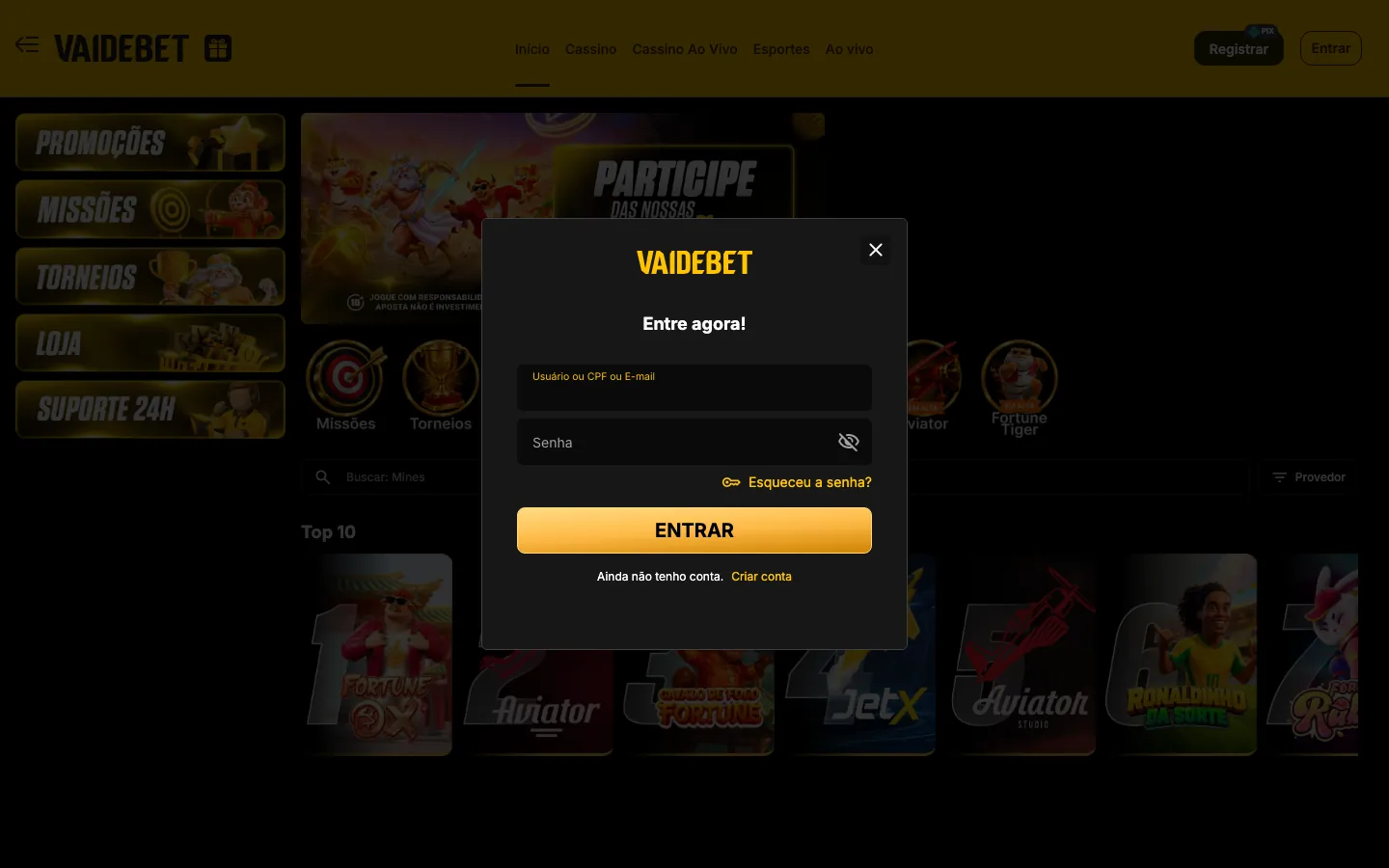 Janela “Entre agora!” do site oficial da Vai de Bet, com os campos Usuário/CPF/E-mail e Senha