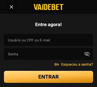 Login da Vai de Bet no celular: campos Usuário/CPF/E-mail e Senha, link Esqueceu a senha?