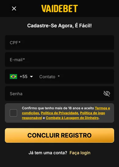 Cadastro da Vai de Bet no celular: campos CPF, E-mail, Contato com DDI +55 e Senha, caixa de aceite dos termos e botão CONCLUIR REGISTRO